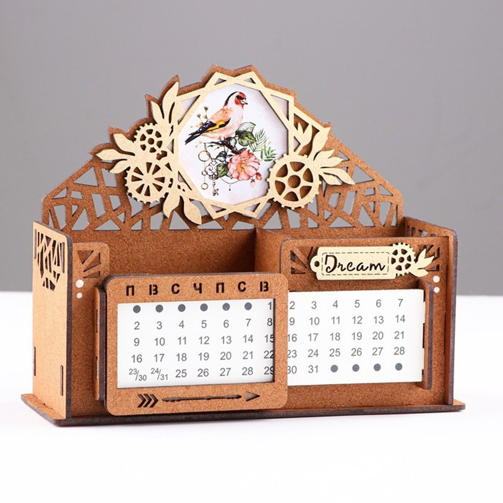 Календарь-органайзер для канцелярии - Птица, 2 секции, деревянный, цвет бежевый, 1 шт  #1