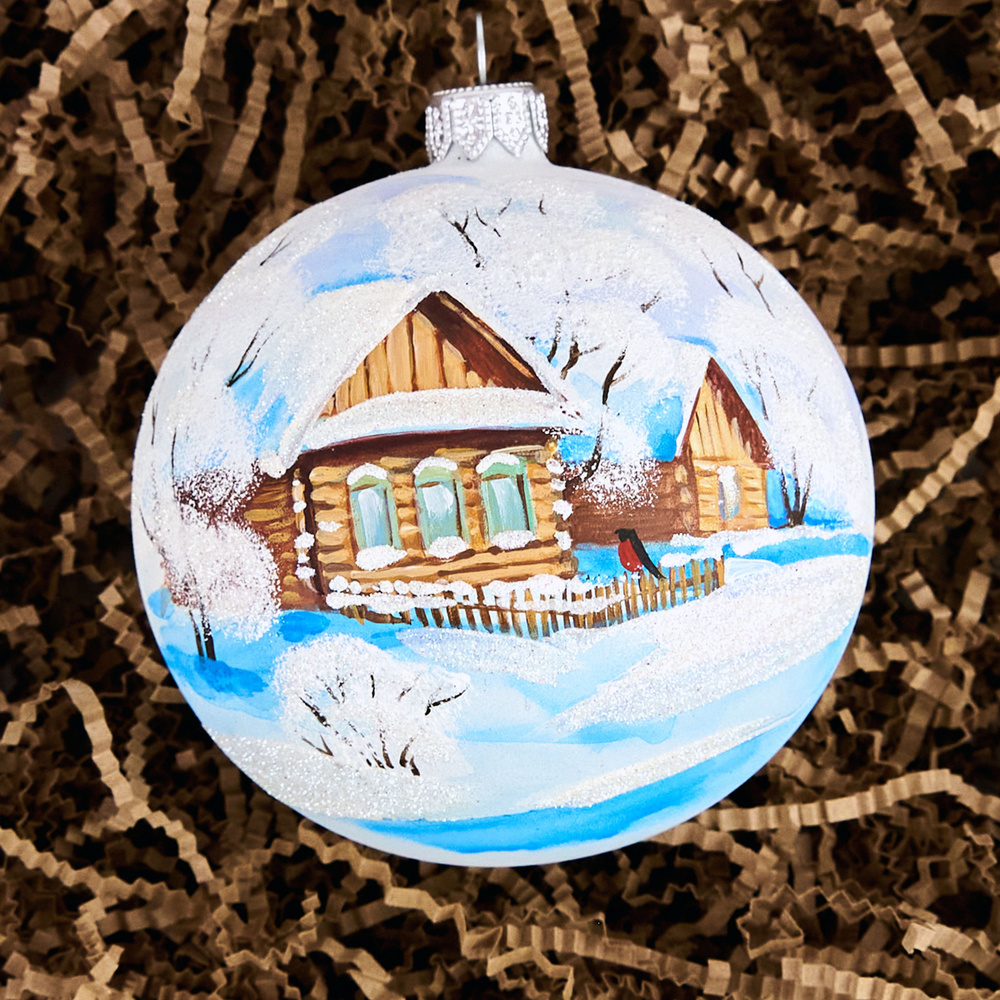 Новогодний елочный стеклянный шар ручной росписи "Снежный день"/ Стеклянная игрушка 10 см. / Елочный #1