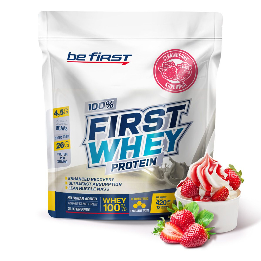 Протеин сывороточный для набора мышечной массы Be First 100% First Whey Protein Instant 420 гр, клубника #1