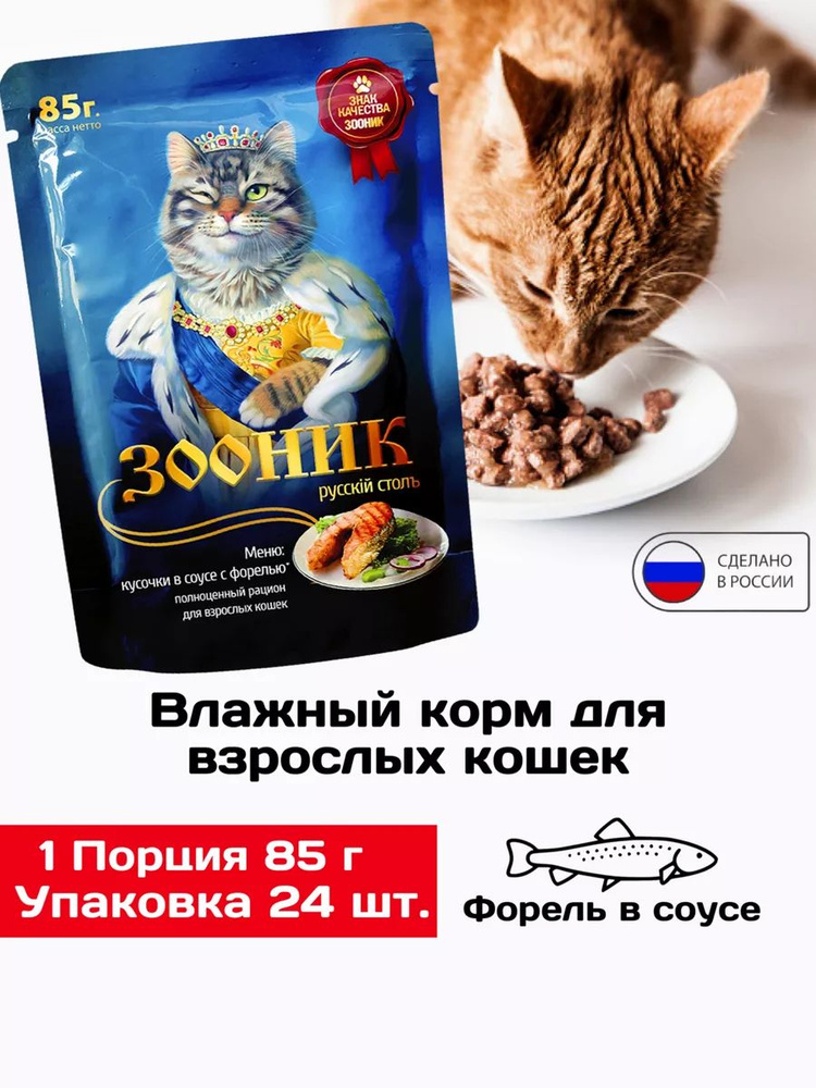 Влажный корм для кошек Зооник с форелью 24 шт. х 85 г (кусочки в соусе)  #1