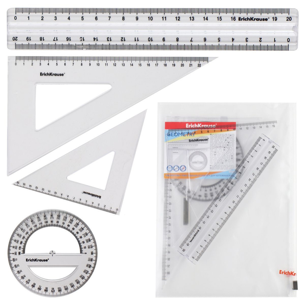 Набор чертежный 4 предмета, большой, (линейка 20 см, 2 треуг, трансп), пластик  #1