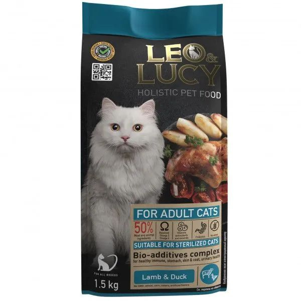 Leo&Lucy Сухой корм взрослых стерилизованных кошек Holistic с ягненком и уткой, 1,5 кг  #1