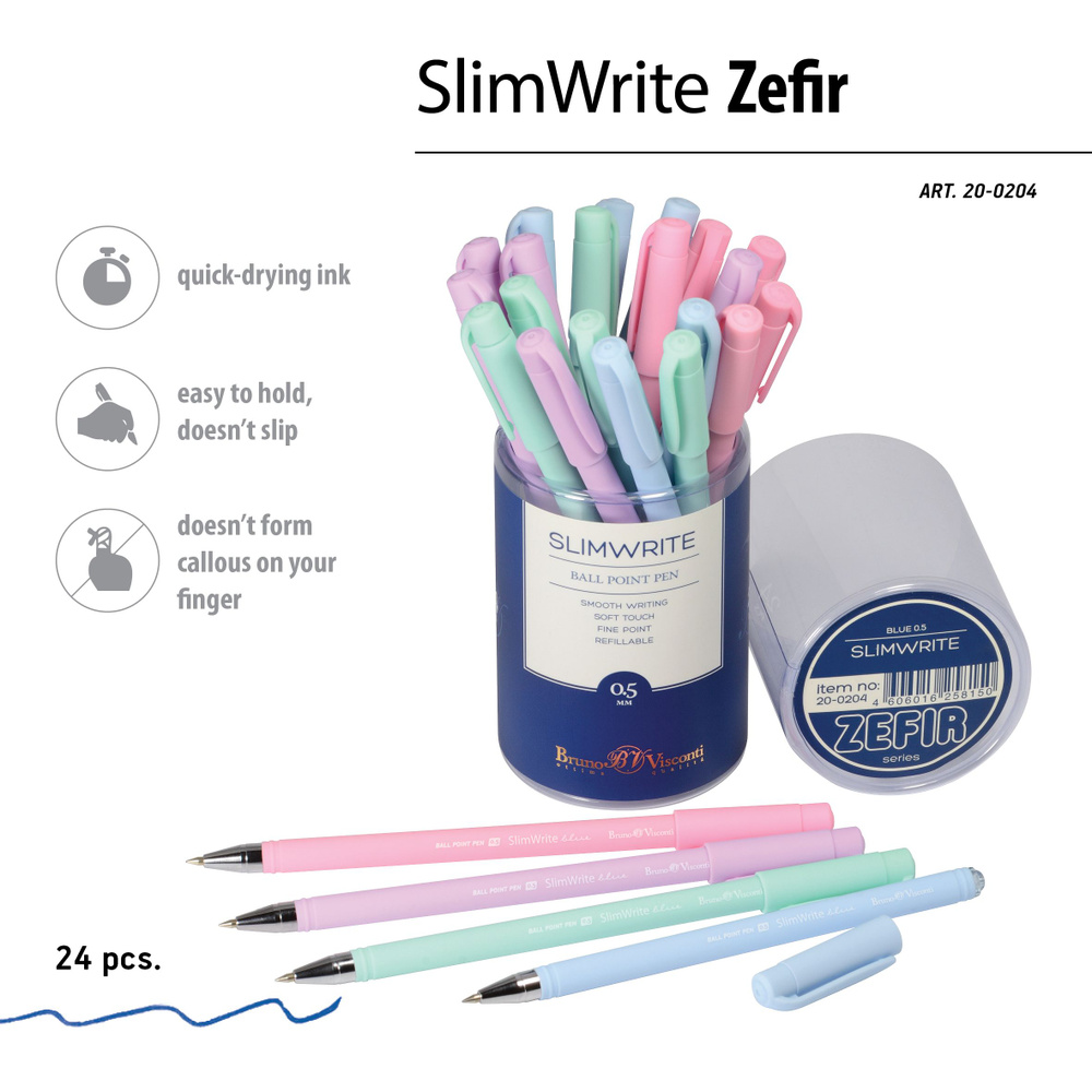 Набор шариковых синих ручек Bruno Visconti "SlimWrite Zefir" 0.5 мм, 24 шт., 4 цвета корпуса / ручка #1