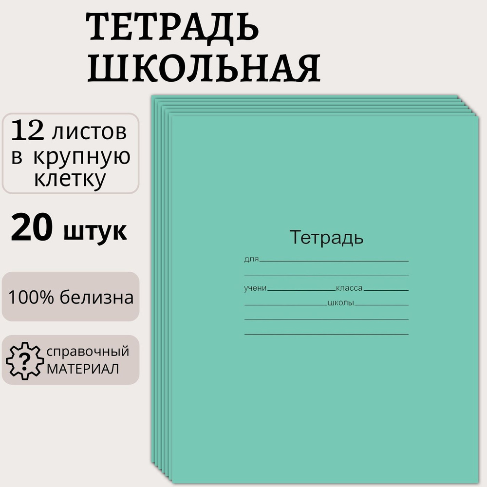 Тетрадь 12 листов в крупную клетку, набор 20 штук, белизна листов 100%, классическая зеленая обложка, #1