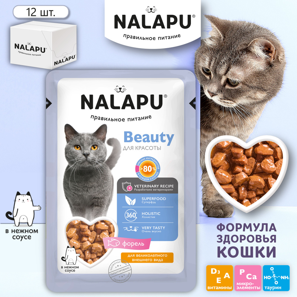 NALAPU Beauty полнорационный консервированный корм для взрослых кошек, сочные кусочки с диетическим мясом #1