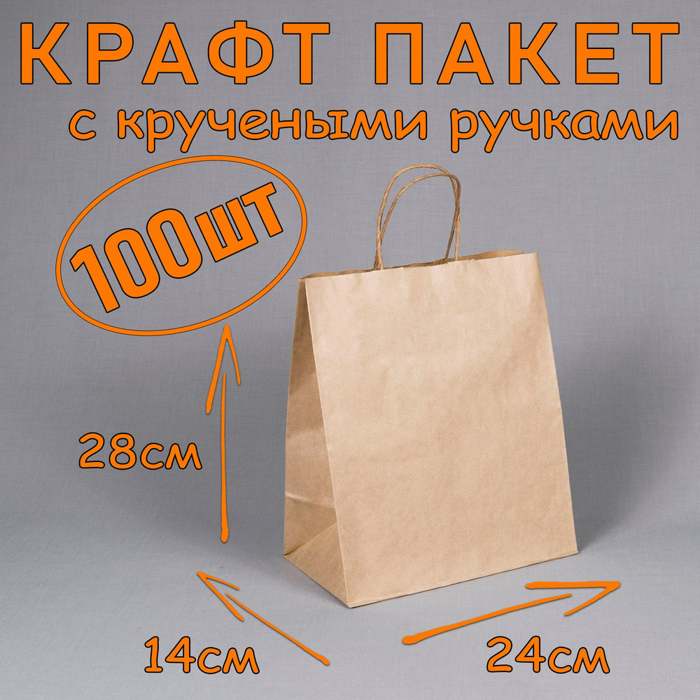 Крафт пакет бумажный с кручеными ручками, 24*28 см (глубина 14 см), 100 штук.  #1