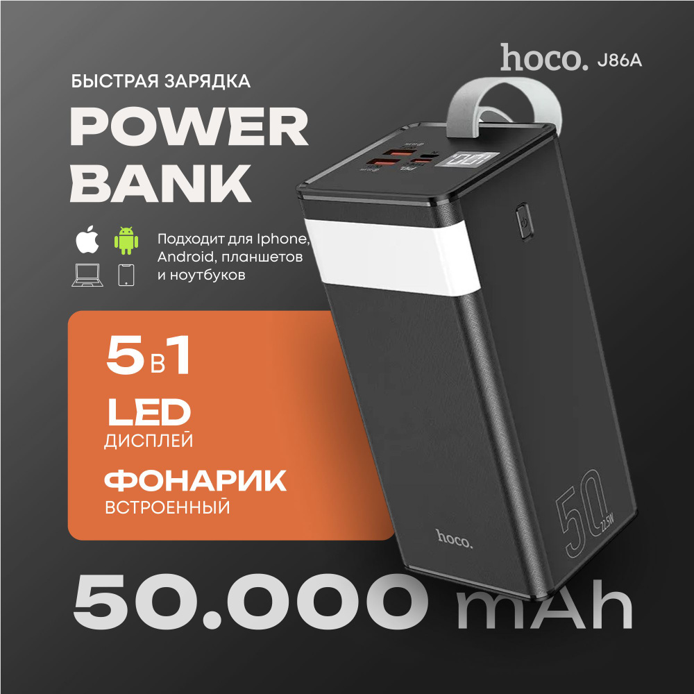 Повербанк 50000 mah с быстрой зарядкой и фонариком Hoco J86A 22.5W ( PD 20W + QC 3.0)  #1