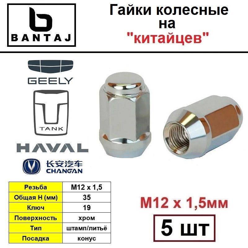 Набор (5 шт) гаек колёсных BANTAJ M12x1,5 на GEELY CHANGAN TANK HAVAL #1