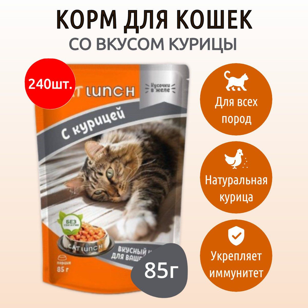 Влажный корм CAT LUNCH 20400 г (240 упаковок по 85 грамм) для кошек Курица кусочки в желе, в паучах  #1