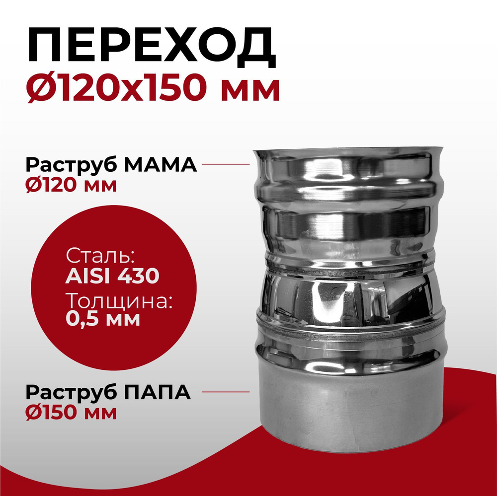 Переход моно МАМА/ПАПА для дымоходных труб D 120x150 мм (0,5/430*0,5/430) нерж "Прок"  #1