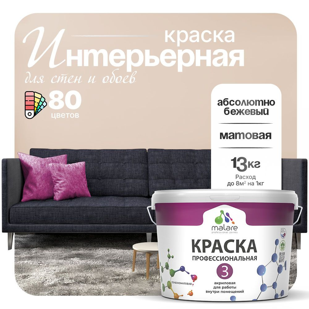 Краска Malare Professional Euro №3 интерьерная для стен и обоев, для потолка, акриловая, быстросохнущая, #1