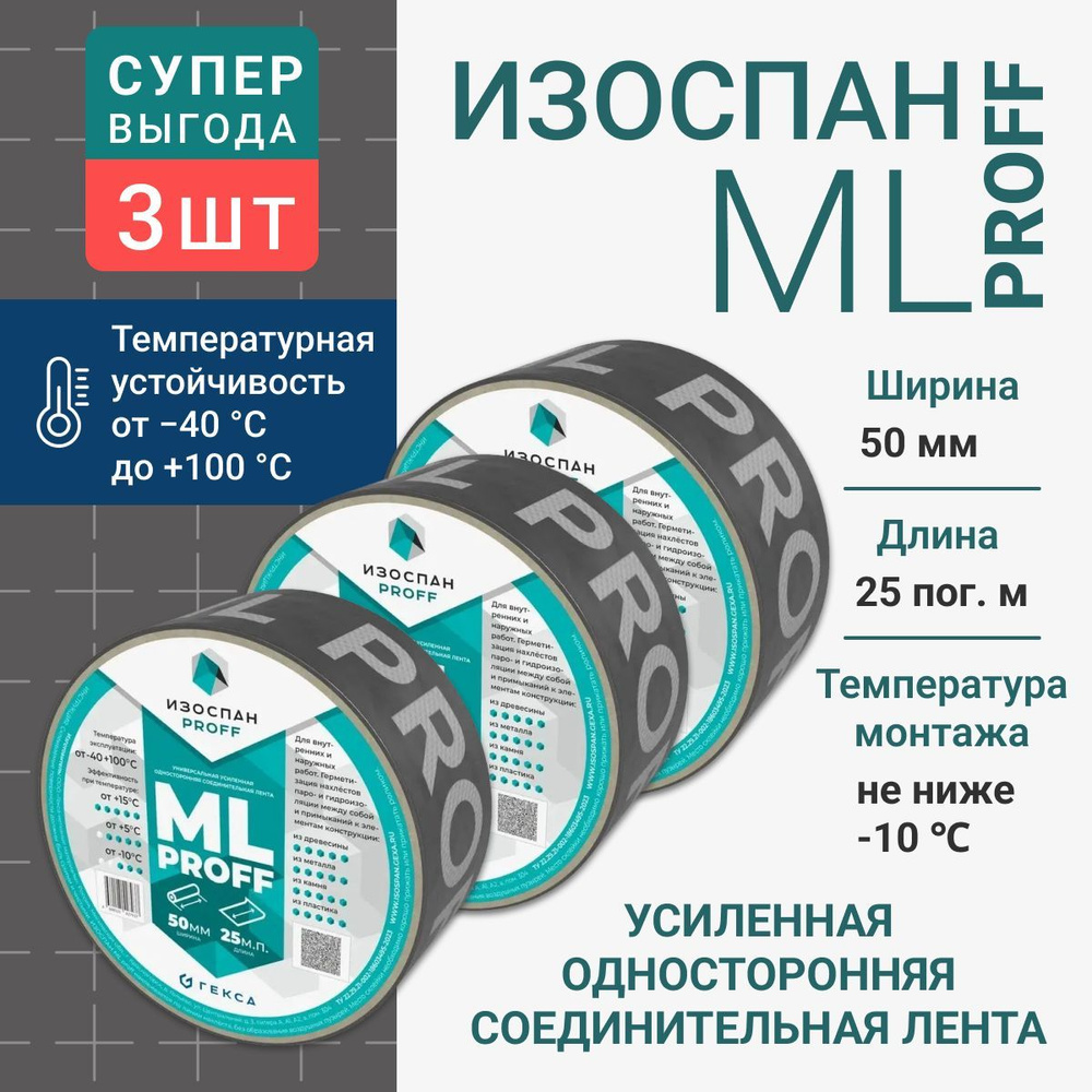 Лента Изоспан ML proff усиленная односторонняя соединительная 50 мм x 25 м 3 шт  #1