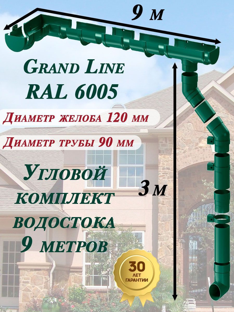 Угловой/прямой комплект водосточной системы Grand Line на 9 м карниза (120мм/90мм) зеленый для вальмовой #1