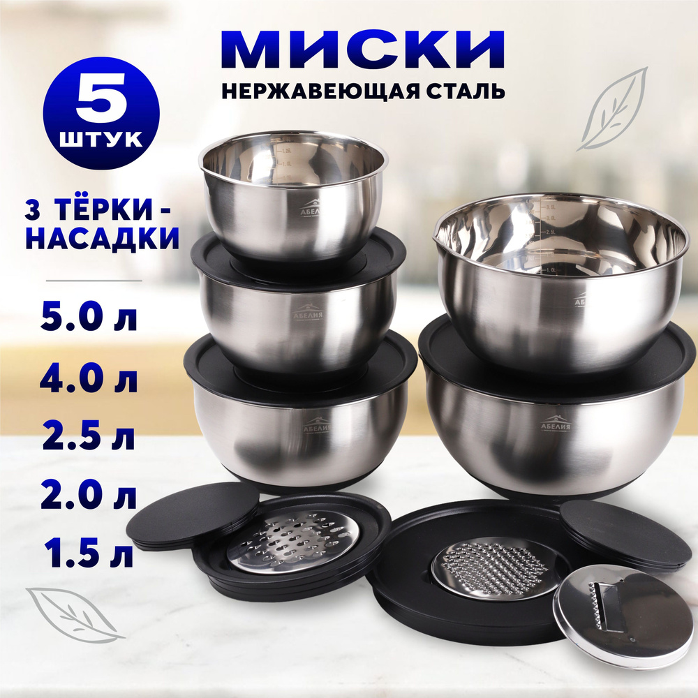 Набор металлических мисок с крышками 5 штук, черные #1