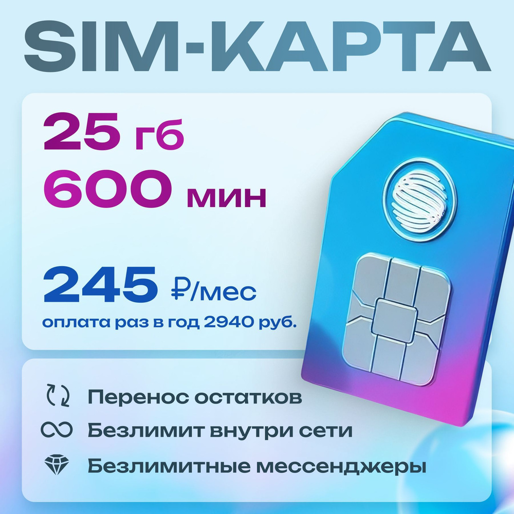 SIM-карта МОСКВА 25 ГБ/600 минут/245 рублей/мес. для РФ, р.Крым, ДНР и ЛНР. НОВЫЙ НОМЕР. Газпромбанк #1