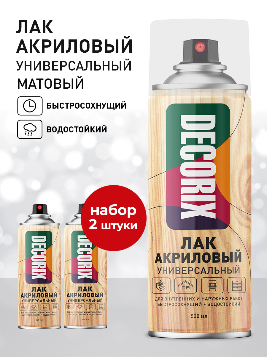 ЛакакриловыйматовыйаэрозольныйDECORIXвбаллончике520млпрозрачныйбесцветныйдлялюбыхповерхностей-комплект2шт