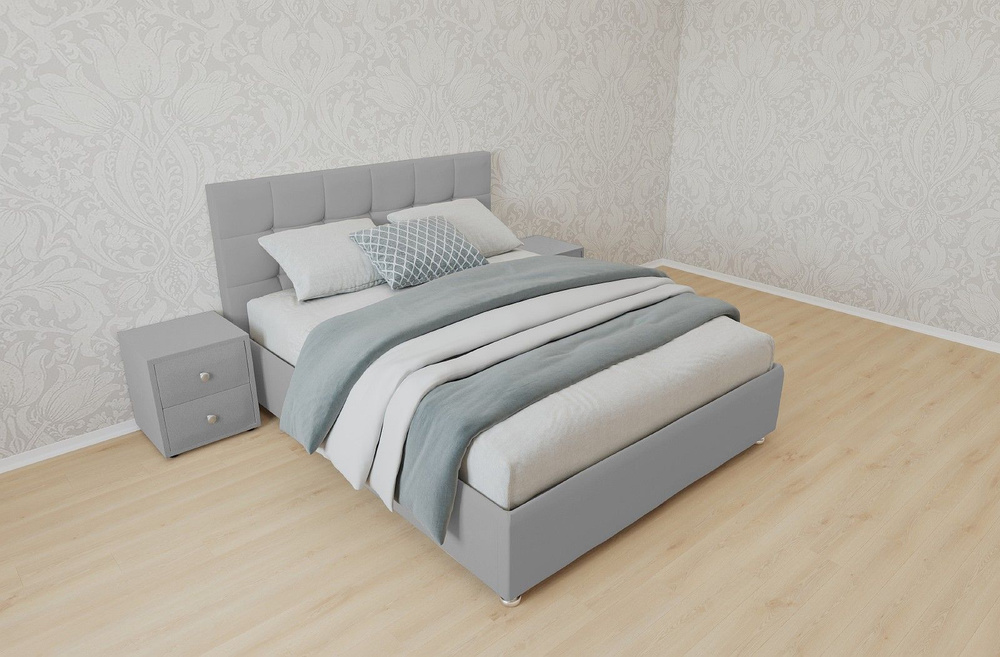 Двуспальная кровать Афина с матрасом 140x200 основание металлическое с ламелями велюр серый ножки 5 см #1