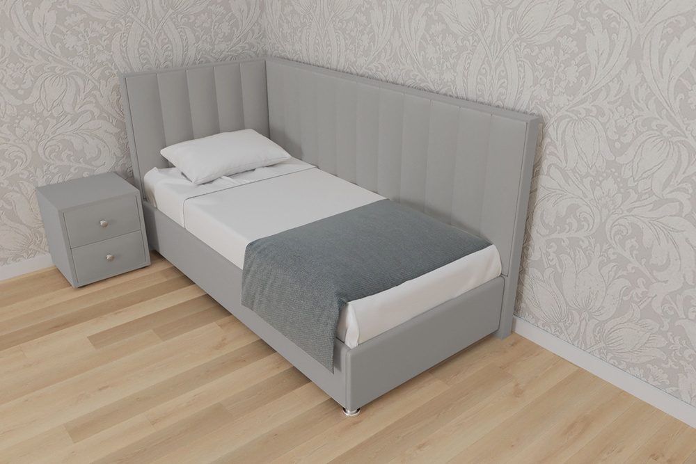 Односпальная кровать Сочи 90x200 основание металлическое с ламелями велюр серый ножки 5 см угол правый #1
