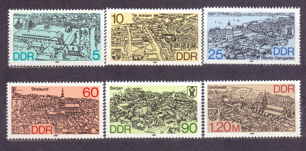 Марки почтовые для коллекции, Германия, 1988 год, Районные города на севере ГДР, полная серия из 6 марок, #1