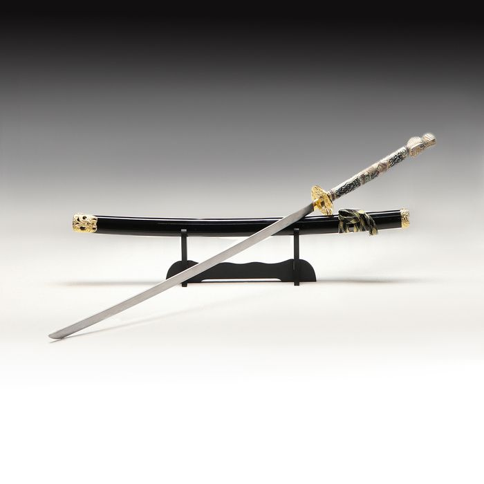 Сувенирное оружие "Катана на подставке", чёрные ножны, рукоятка под слоновую кость, 108 см  #1