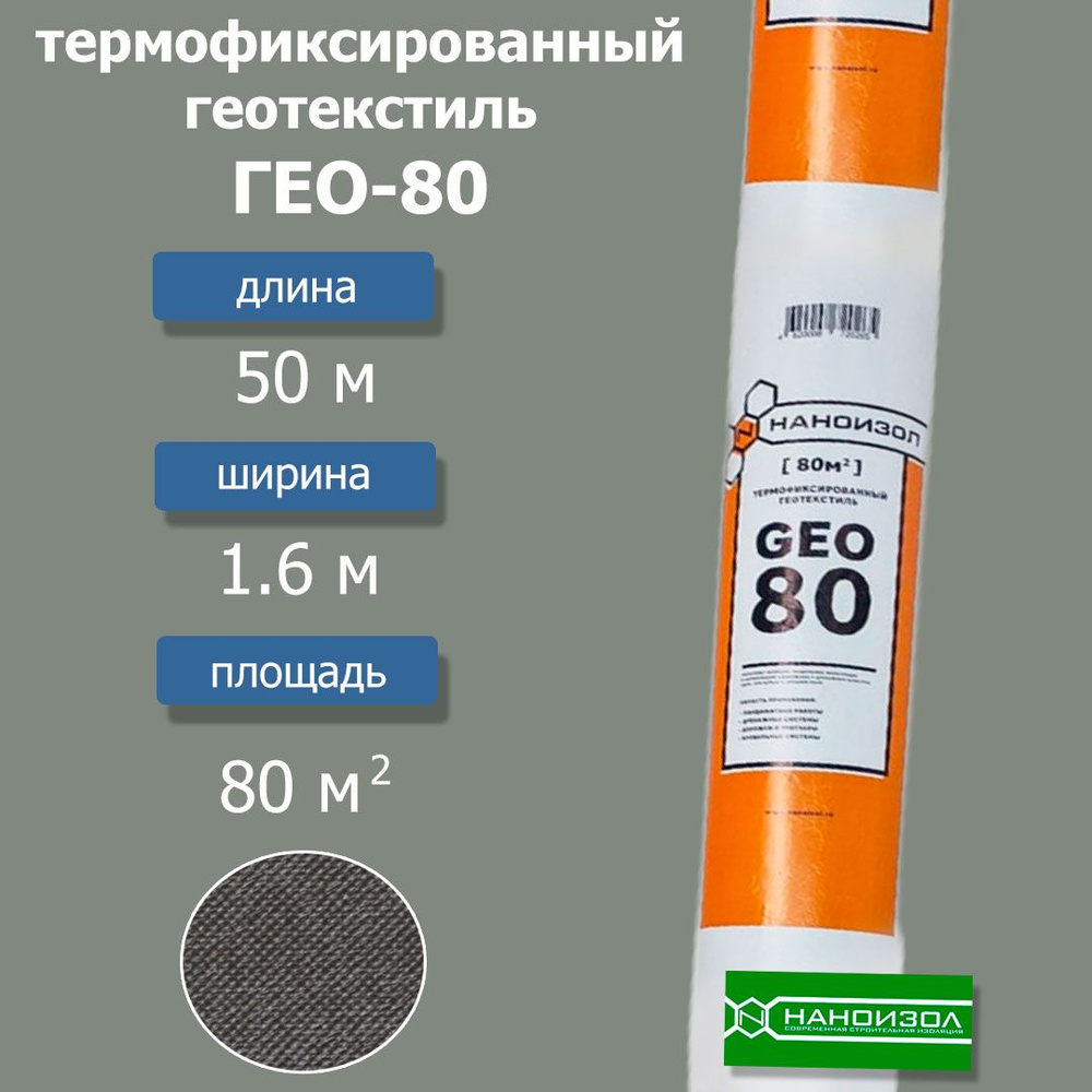 Термофиксированный геотекстиль Гео-80 (1.6х50м) 80м2 #1