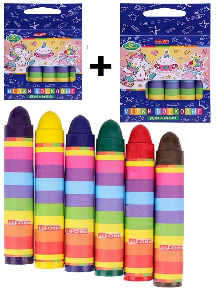 Мел восковой 6 цветов Единорог, 2 упаковки / Восковые карандаши  #1