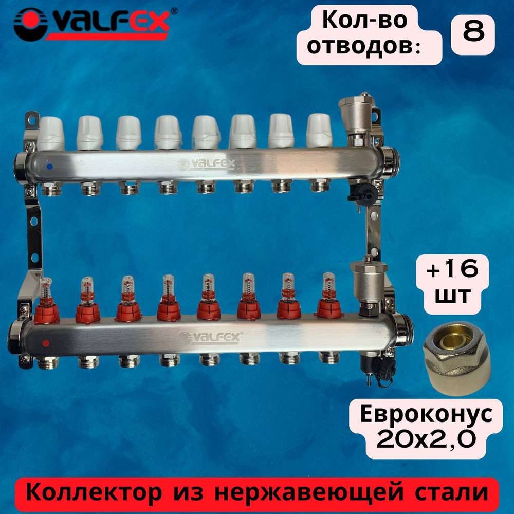 Коллектор теплого пола Valfex на 08 выхода с евроконусами под трубу 20x2.0  #1