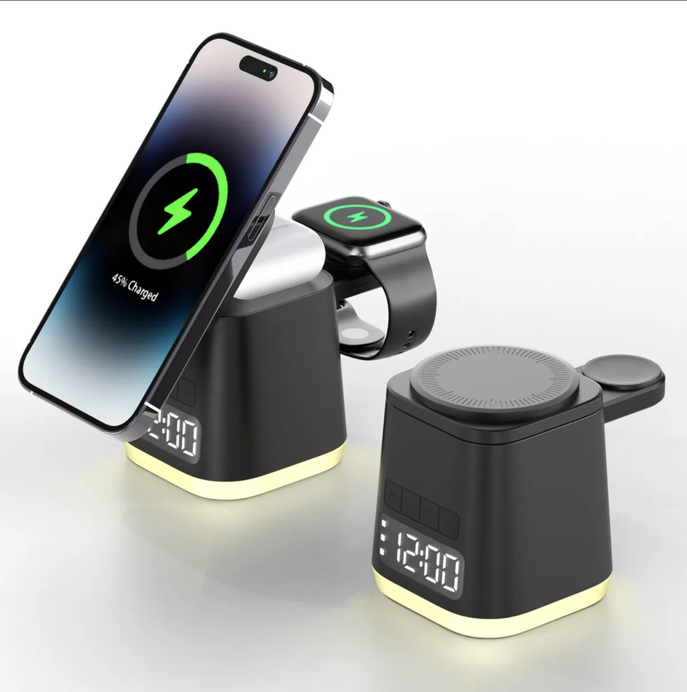 Беспроводная зарядка LOKY для Apple Watch, Iphone, Air Pods 6 в 1 (15/7/5W), часы Watch, встроенные часы-будильник #1