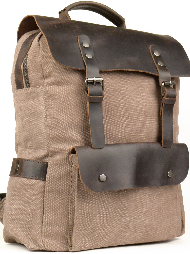 Мужской рюкзак тканевый из натуральной кожи и парусины, коричневый, 40x30x11см  #1
