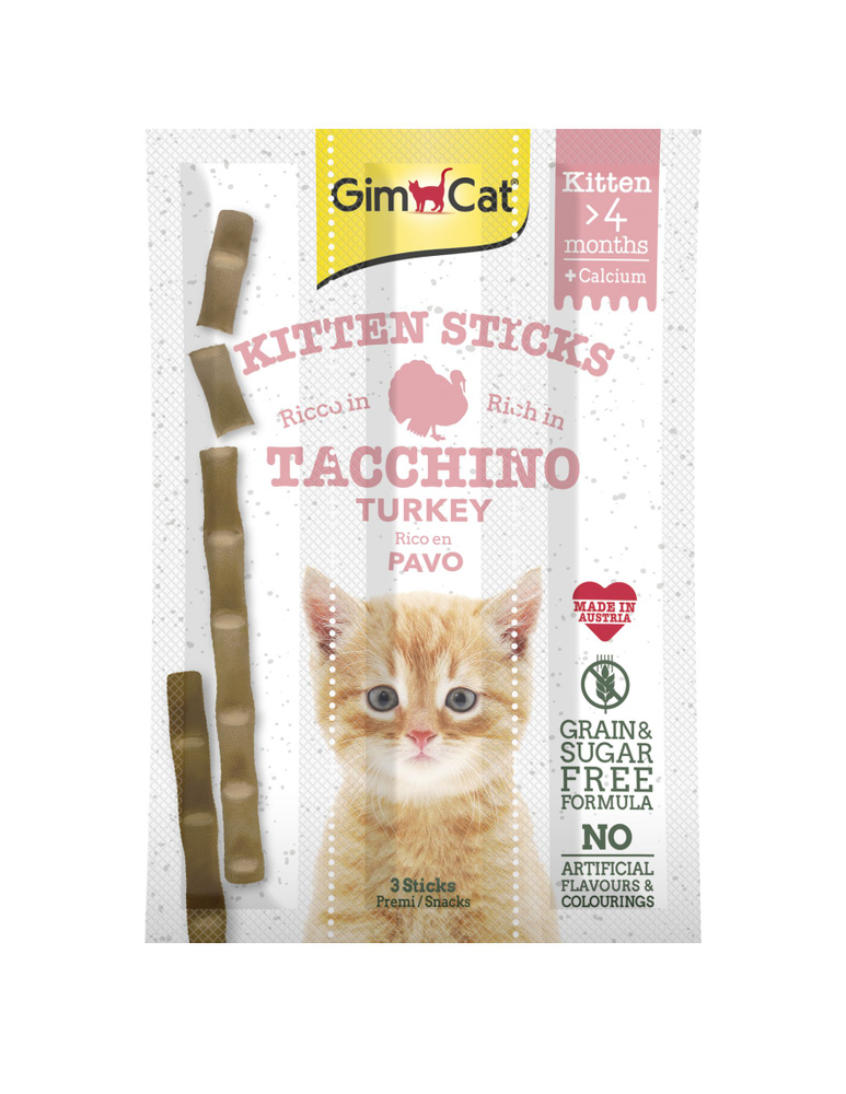 GIMCAT KITTEN STICK TURKEY&CALCIUM Аппетитные лакомства для кошек в мягких палочках, индейка/кальций, #1