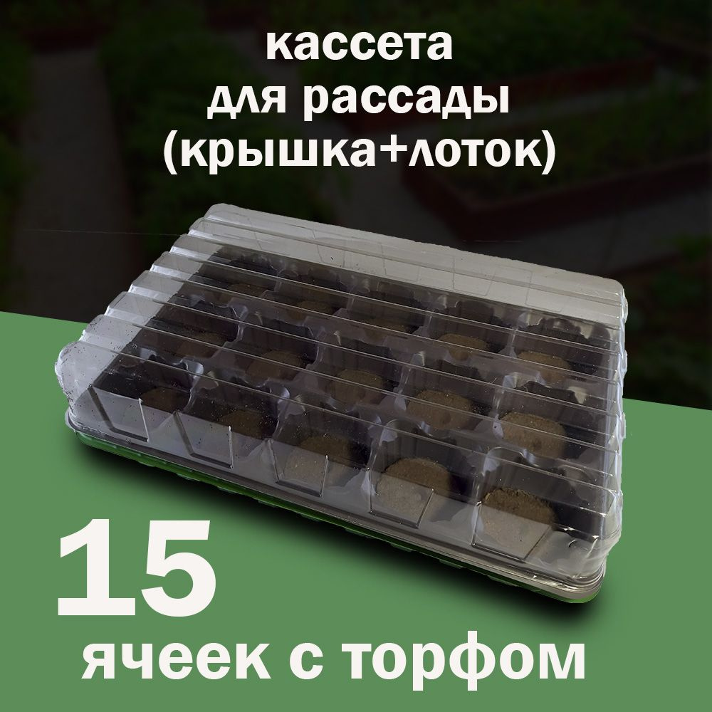 Кассета для рассады 15 ячеек набор с торфяными таблетками. 55мм, крышка+лоток  #1