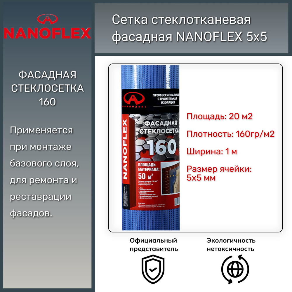 Сетка фасадная стеклотканевая NANOFLEX 5x5, 160гр/м2, 20м2/рулон #1