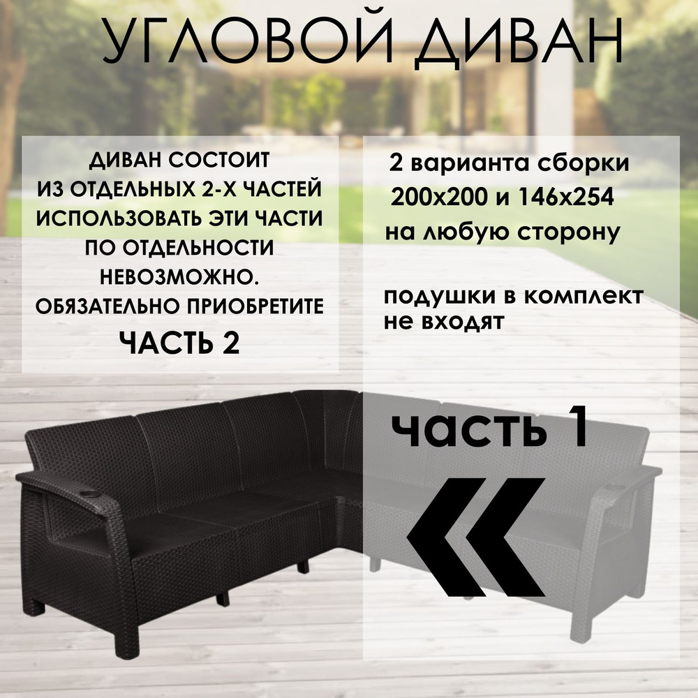 Диван садовый угловой 200x200x79 см, мокко, Часть 1 без подушек  #1