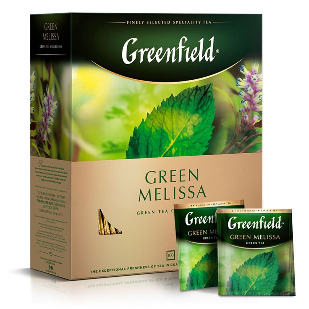 Чай GREENFIELD "Green Melissa" зеленый с мятой и мелиссой, 100 пакетиков в конвертах по 1,5 г - 2уп  #1