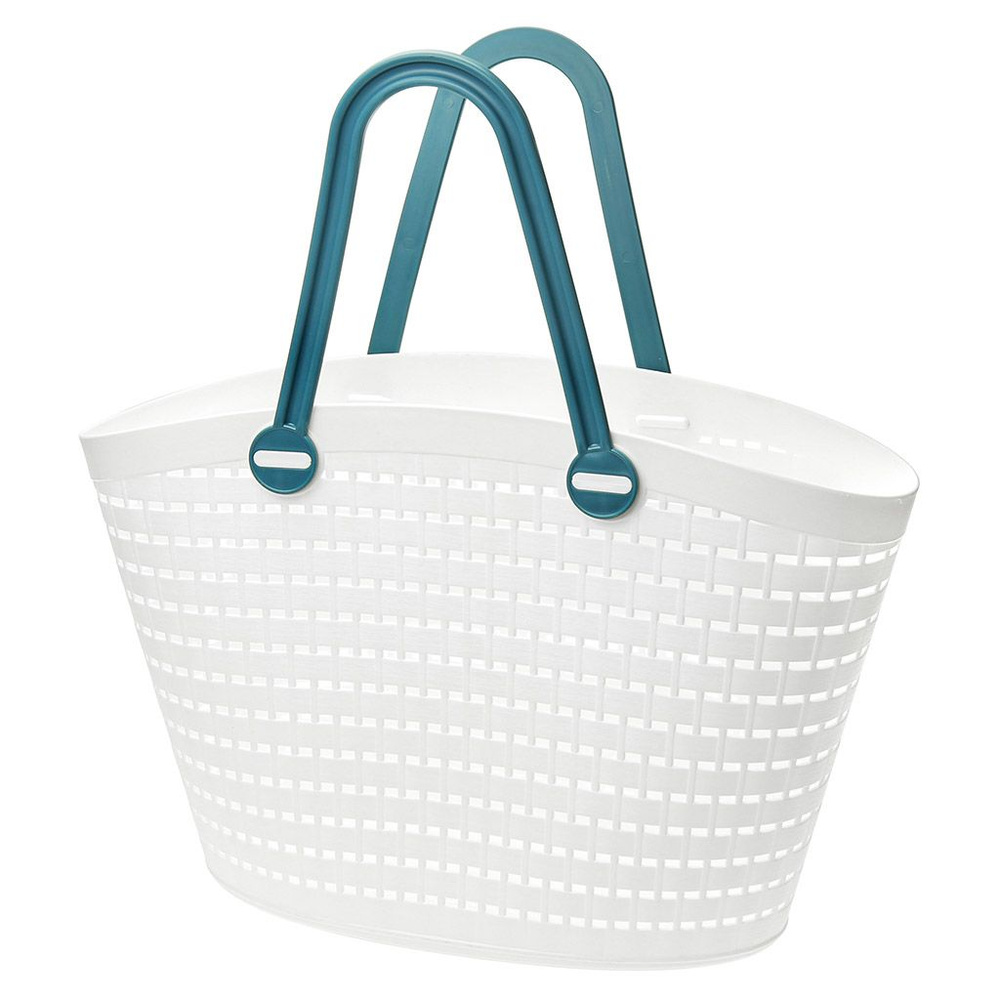 Корзина-сумка Домашняя Мода пластмассовая, 45х15,5 см, высота 28,5 см, мягкая, белый, с длинными темно-синими #1