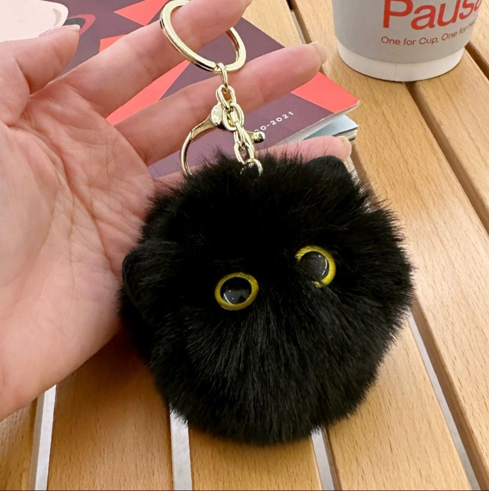 Брелок кошка пушистик с глазками черный для ключей, подвеска на сумку, брелок игрушка  #1