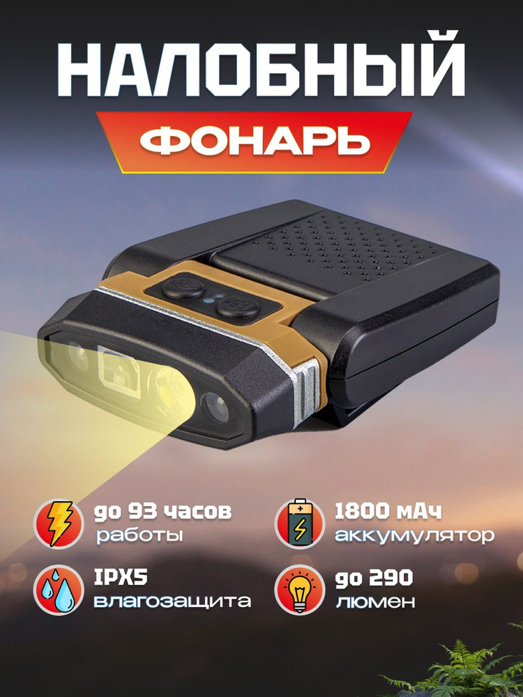 Фонарик налобный аккумуляторный Sunree H300 Sensor Hat Light 290 лм на голову, с сенсором, 1800мАч, IPX5, #1