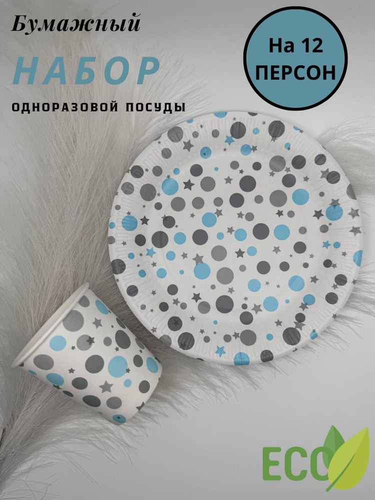 Набор одноразовой посуды на 12 персон, стакан 250мл , тарелка 210 мм  #1