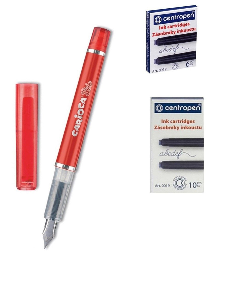 Ручка перьевая CARIOCA Stilo, корпус ручки красный. Иридиевое перо, 2 картриджа с синими чернилами в #1