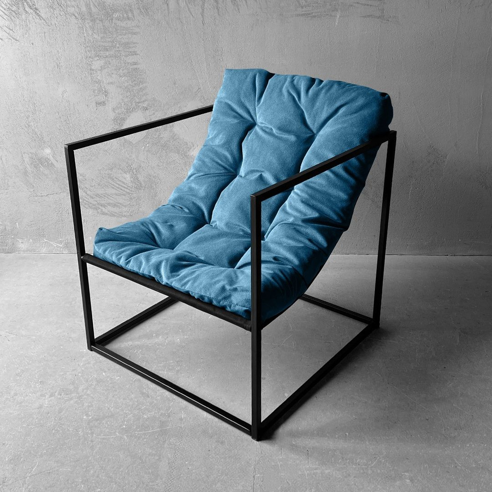 Кресло в стиле лофт Лофтовик + Синий Велюр для гостиной, офиса ,кабинета, для отдыха , с подушкой , для #1
