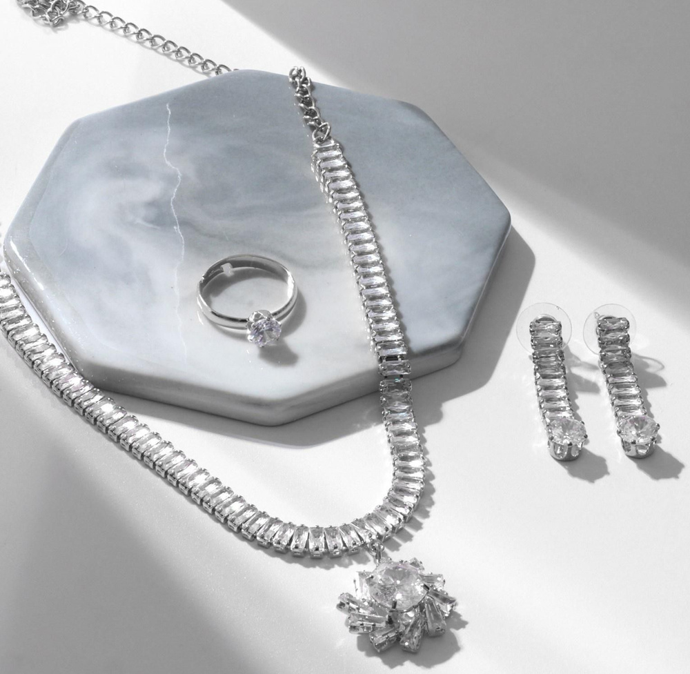Набор 3 предмета: серьги, колье, кольцо Изыск цветок в геометрии, цвет белый в серебре  #1