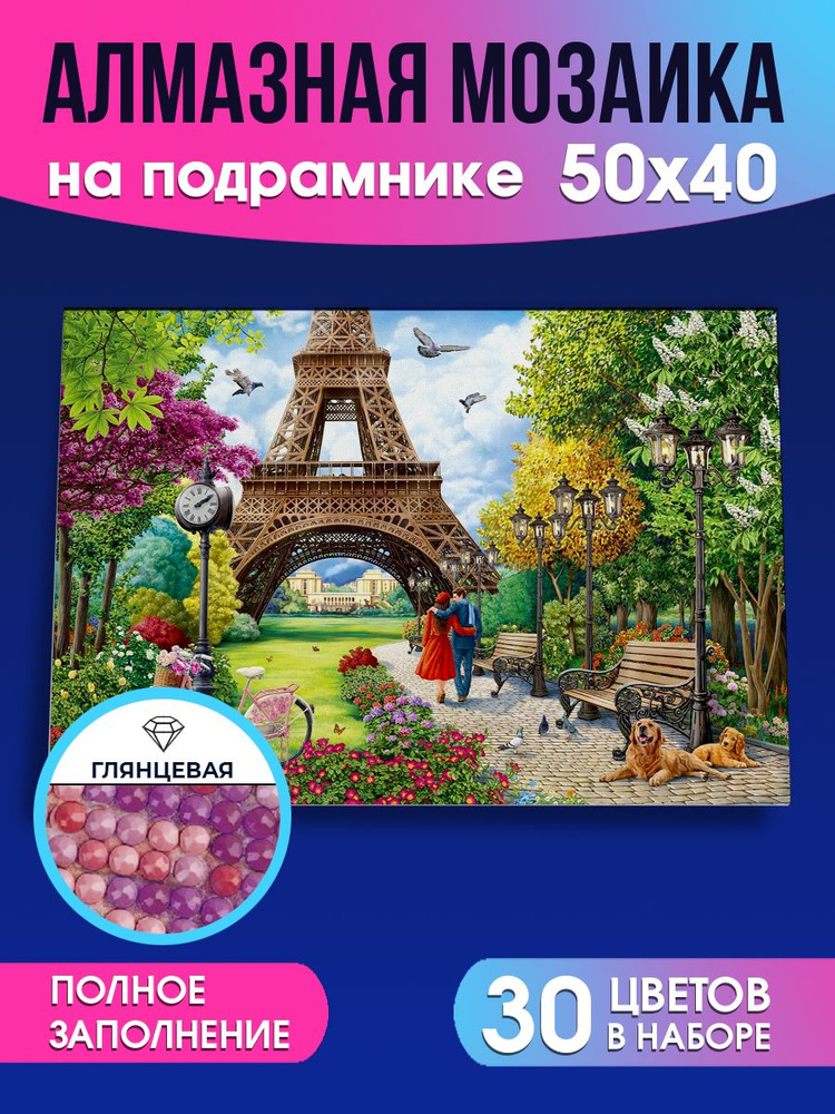 Алмазная мозаика Прогулка по Парижу с глянцевыми стразами 40х50 см, с подрамником , с полным заполнением, #1