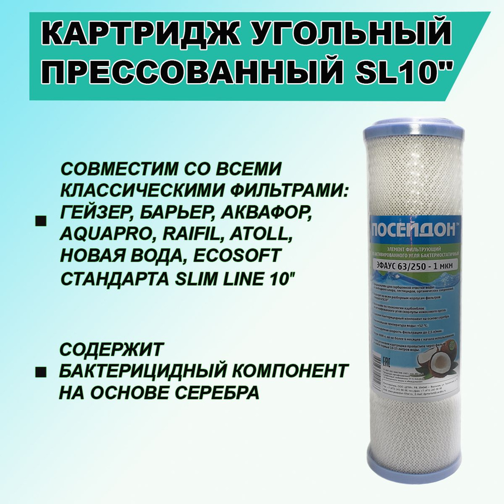 Бактериостатичный картридж Посейдон ЭФАУС 63/250 10" SL (1 мкр) - фильтрующий элемент из активированного #1