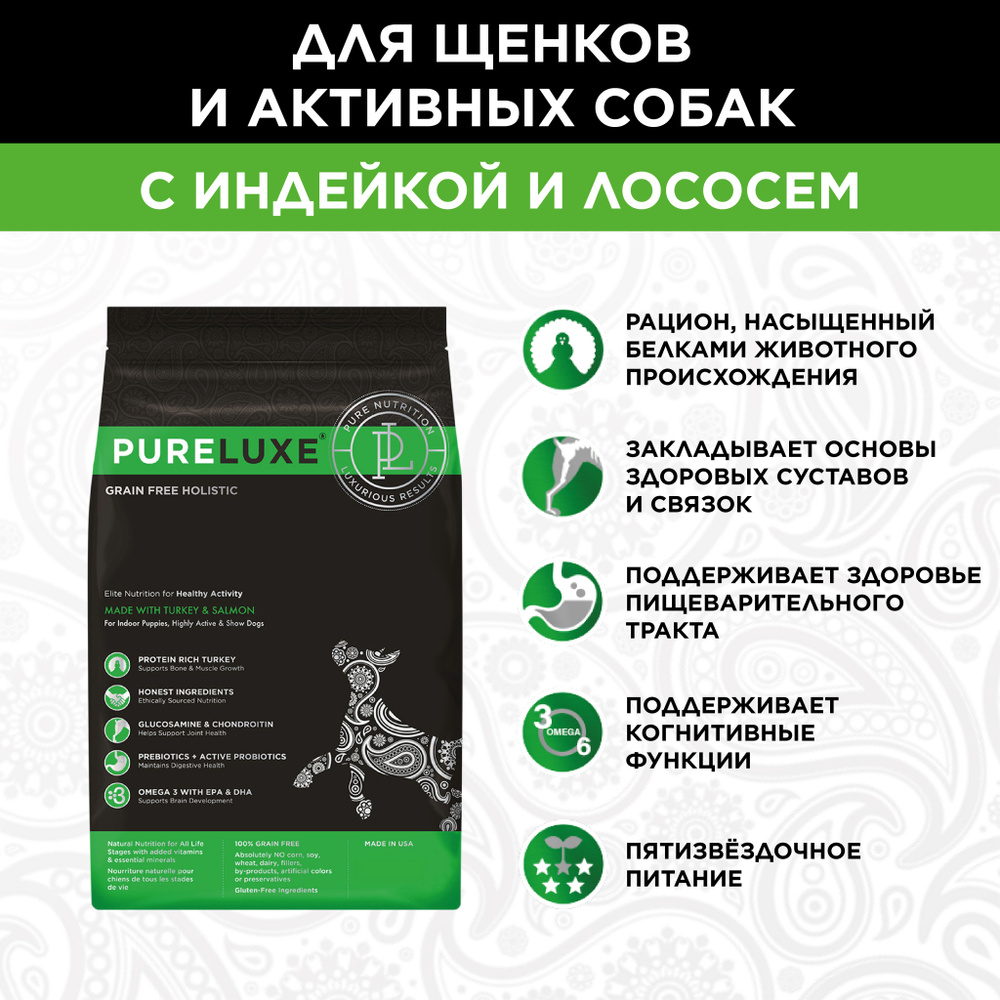 PureLuxe Пурлюкс Элитное Питание для активных собак с индейкой и лососем, 1,81 кг  #1