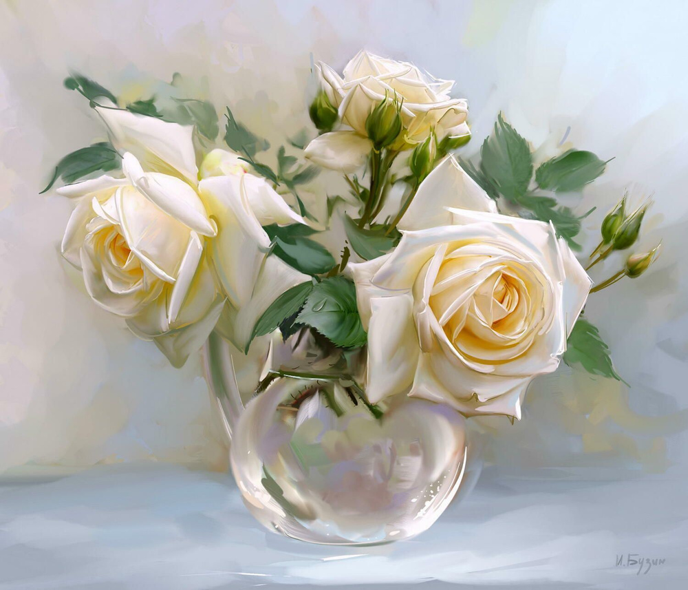 DVEKARTINKI Алмазная мозаика на подрамнике 40x50 см Полная выкладка круглые стразы Букет белых роз в #1