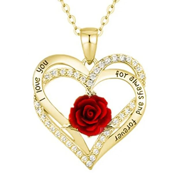 Цепочка с кулоном в виде сердца с розой "Я люблю тебя на веки вечные" под золото  #1
