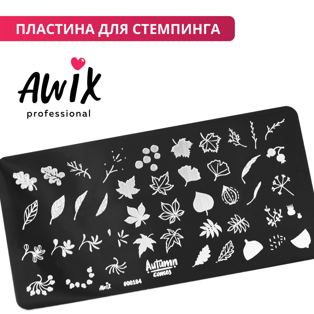 Awix, Пластина для стемпинга 164, металлический трафарет для ногтей осень, листья  #1