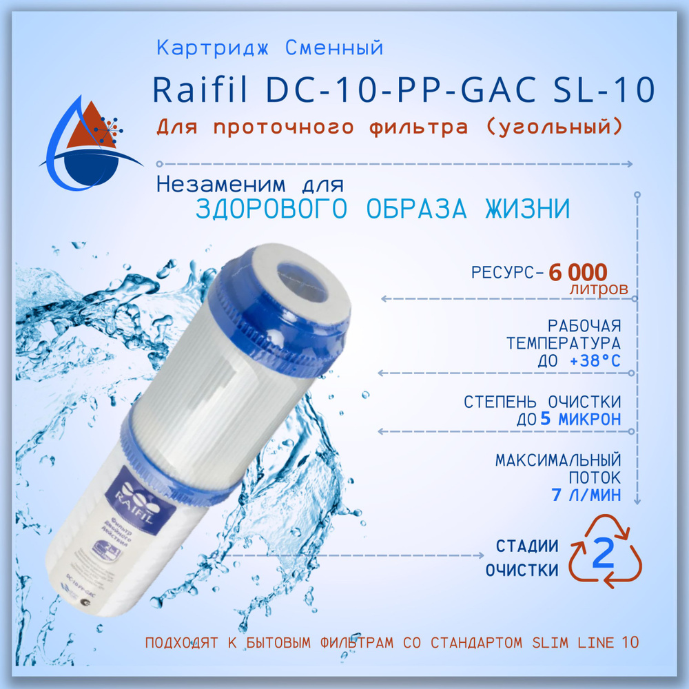 Сменный картридж для проточного фильтра (угольный) Raifil DC-10-PP-GAC SL-10: 1шт.  #1