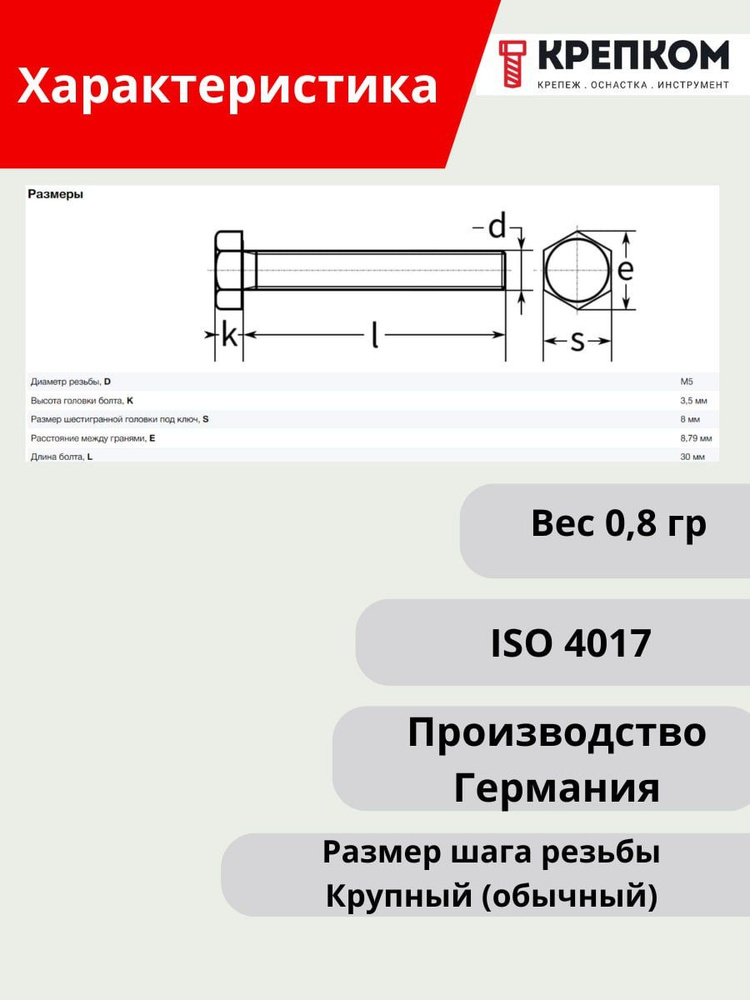 Болт REYHER шестигранный DIN 933 М5х30, пластик (НАБОР 10 шт.), Болт полиамид с полной резьбой КРЕПКОМ #1