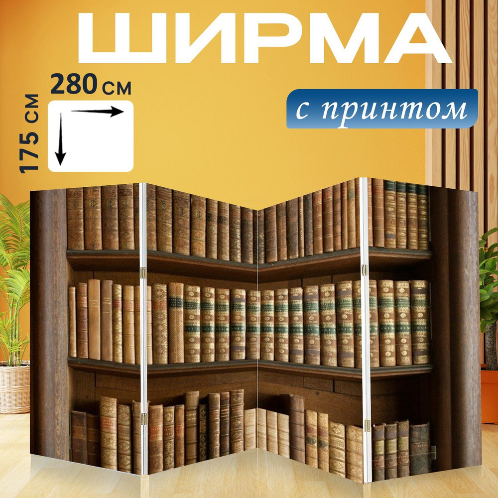 Ширма "Книги, книжный шкаф, старые книги" перегородка для зонирования комнаты с принтом 280x175 см. на #1